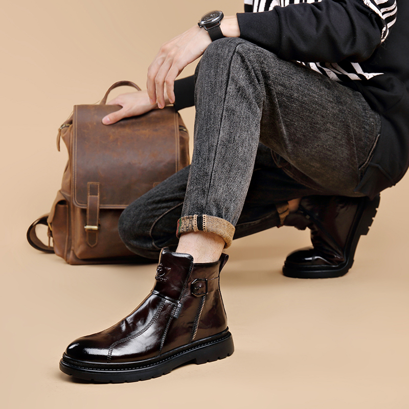 GENUINE LEATHER MARTIN BOOTS MENS WINTER NEW FLEECE WARM COWHIDE BREATHABLE MID-TOP BOOTS MENS FASHION LEATHER BOOTS MEN
