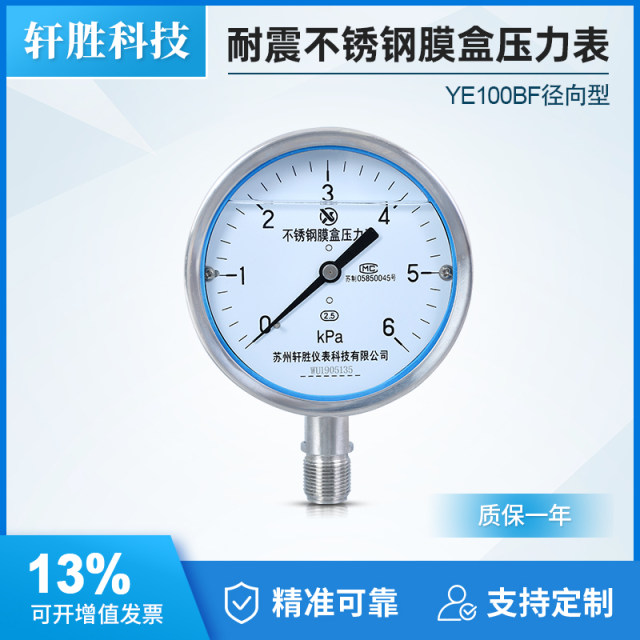 YNE100BF 6kPa all stainless steel diaphragm box watch shock-resistant stainless steel diaphragm box pressure gauge Suzhou Xuansheng