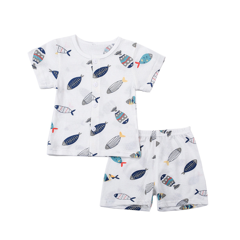 CHILDRENS SUMMER COTTON CARDIGAN SHORT SLEEVE PAJAMAS 0-3 YEARS OLD BABY BOY 1 GIRL 2 THIN BABY LOUNGEWEAR SET