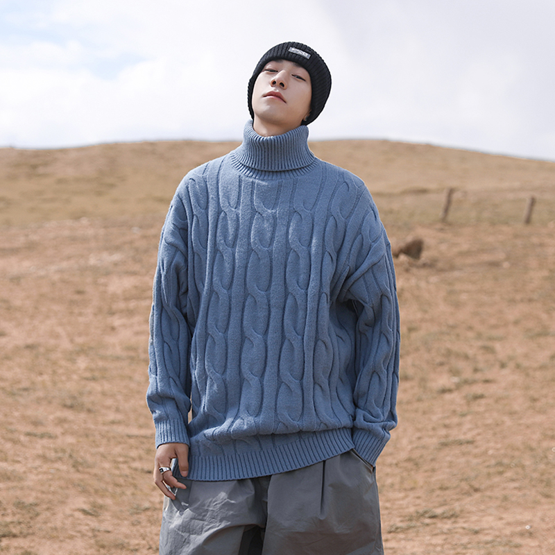 TRENDY BRAND TURTLENECK SWEATER MENS AUTUMN AND WINTER HANDSOME TWIST KNITWEAR INS TREND LOOSE SOLID COLOR BOTTOM LINE CLOTHES TIDE