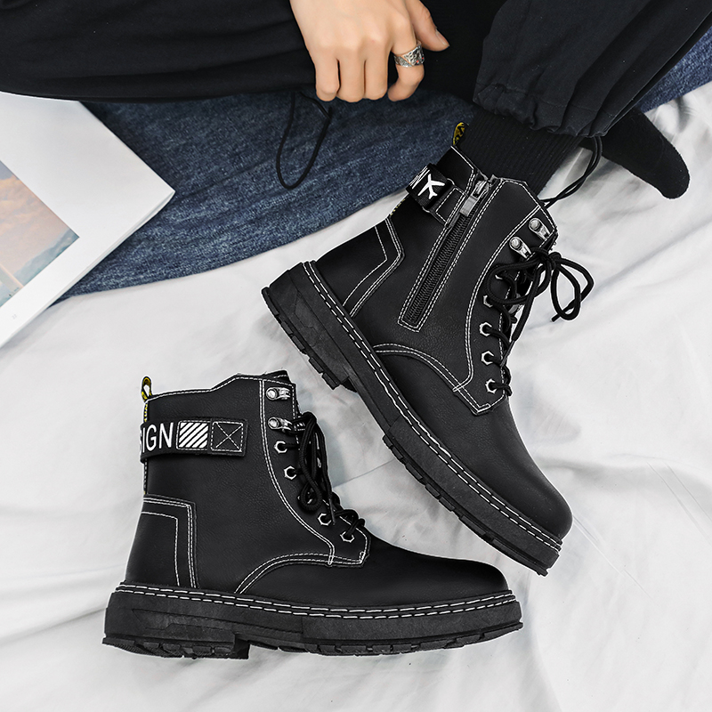 MARTIN BOOTS MENS WINTER BLACK BRITISH MENS SHOES VINTAGE MOTORCYCLE THICK-SOLED CARGO HIGH-TOP MENS BOOTS CASUAL LEATHER SHOES