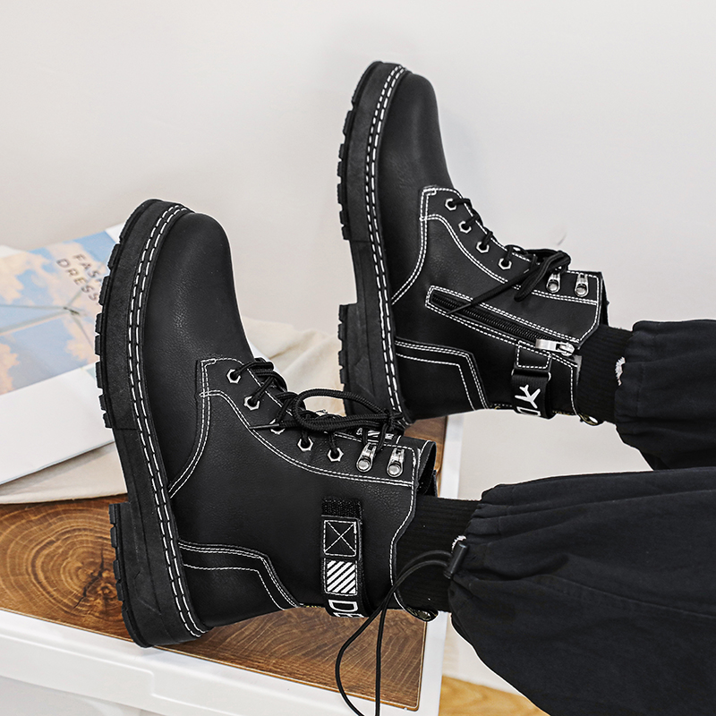 MARTIN BOOTS MENS WINTER BLACK BRITISH MENS SHOES VINTAGE MOTORCYCLE THICK-SOLED CARGO HIGH-TOP MENS BOOTS CASUAL LEATHER SHOES