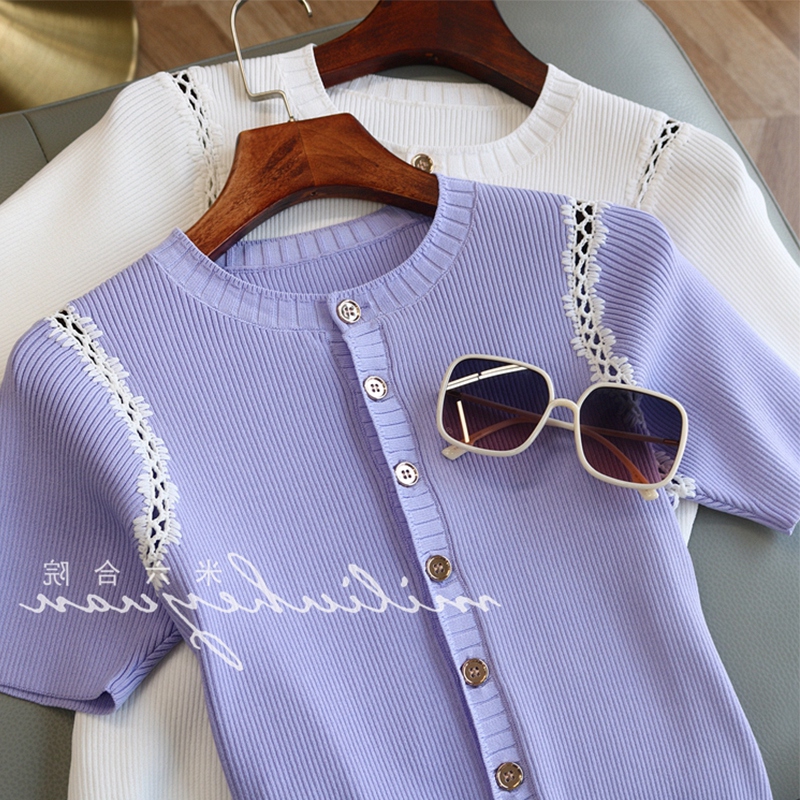 FRENCH PURPLE CUT-OUT STITCHING KNITTED SHORT SLEEVE T-SHIRT WOMENS SUMMER PREMIUM TOP 2024 NEW DESIGN SENSE IS NICHE