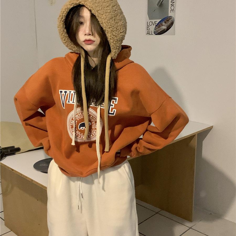 THE COUNTER SHOPPING MALL WITHDREW THE CUT LABEL AND THE SINGLE TAIL SINGLE WOMENS SWEATSHIRT IN AUTUMN AND WINTER AND THE VELVET THICKENED ATMOSPHERE PUMPKIN COLOR TOP