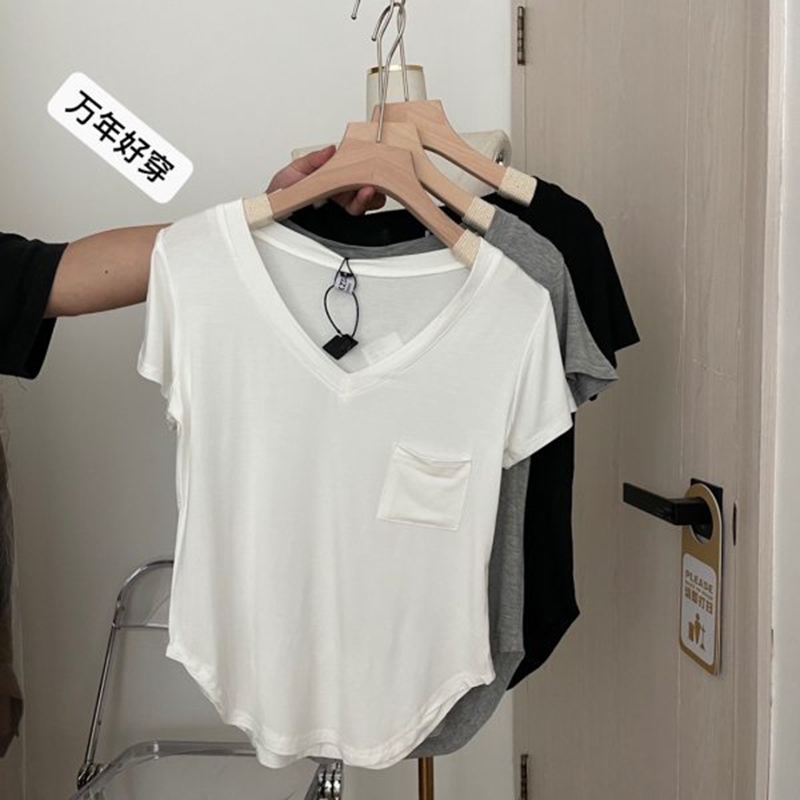 SOUTH KOREAS NEW DRAPE COLLARBONE T-SHIRT WOMENS SUMMER LOOSE KOREAN VERSION OF THE MID-LENGTH BOTTOMING SHIRT SHORT-SLEEVED CASUAL V-NECK TOP