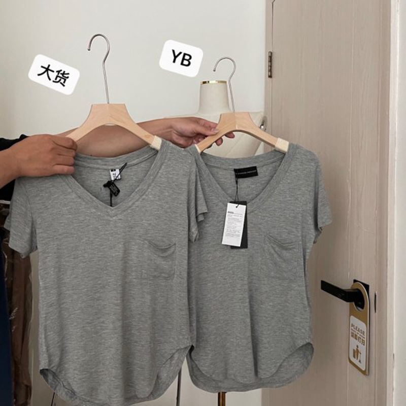 SOUTH KOREAS NEW DRAPE COLLARBONE T-SHIRT WOMENS SUMMER LOOSE KOREAN VERSION OF THE MID-LENGTH BOTTOMING SHIRT SHORT-SLEEVED CASUAL V-NECK TOP