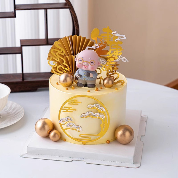 新款金色祥云团扇亚克力祝寿蛋糕装饰插件中式老爷爷健康长寿插牌