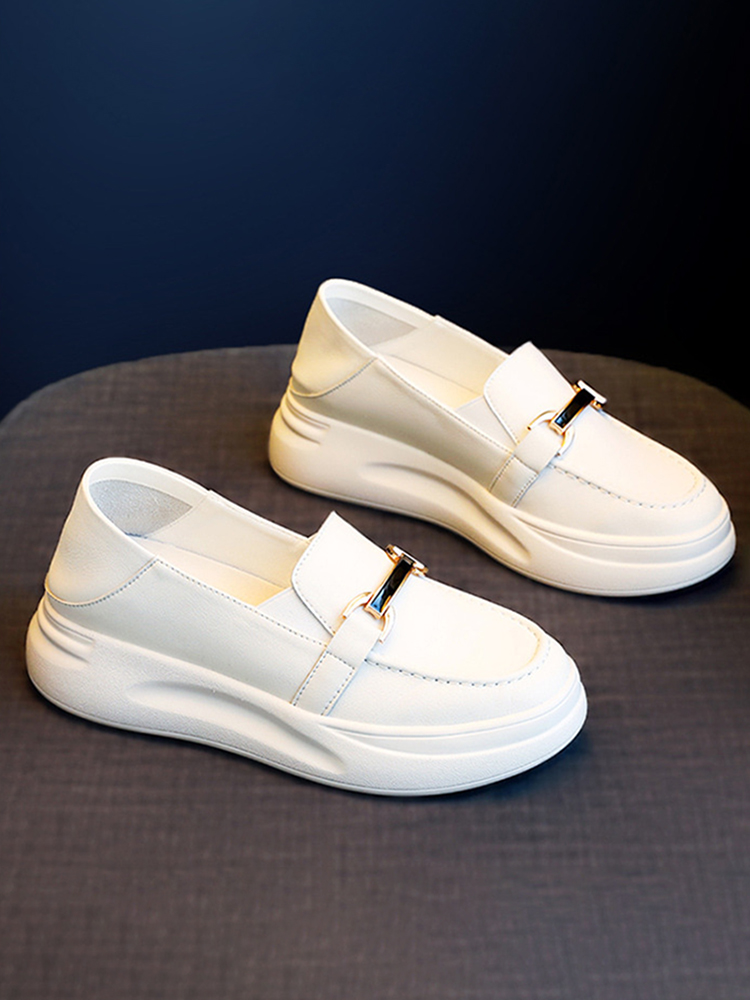 MILAN STUDIO LITTLE WHITE SHOES WOMENS 2024 NEW THICK-SOLED CASUAL CHAIN BUCKLE SLIP-ON SMALL LEATHER SHOES WOMEN
