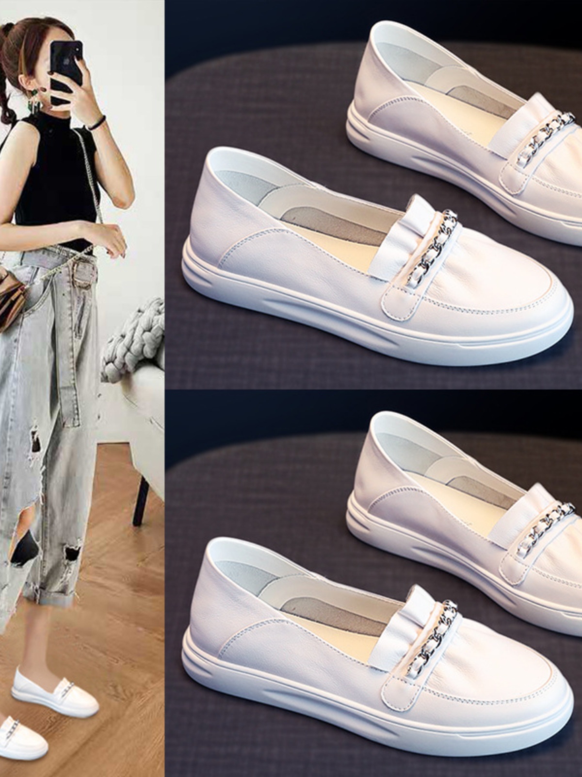 밀란 스튜디오 여성용 플랫 바닥 화이트 슈즈 2024 여성용 신상 슬립온 라운드 토 로퍼