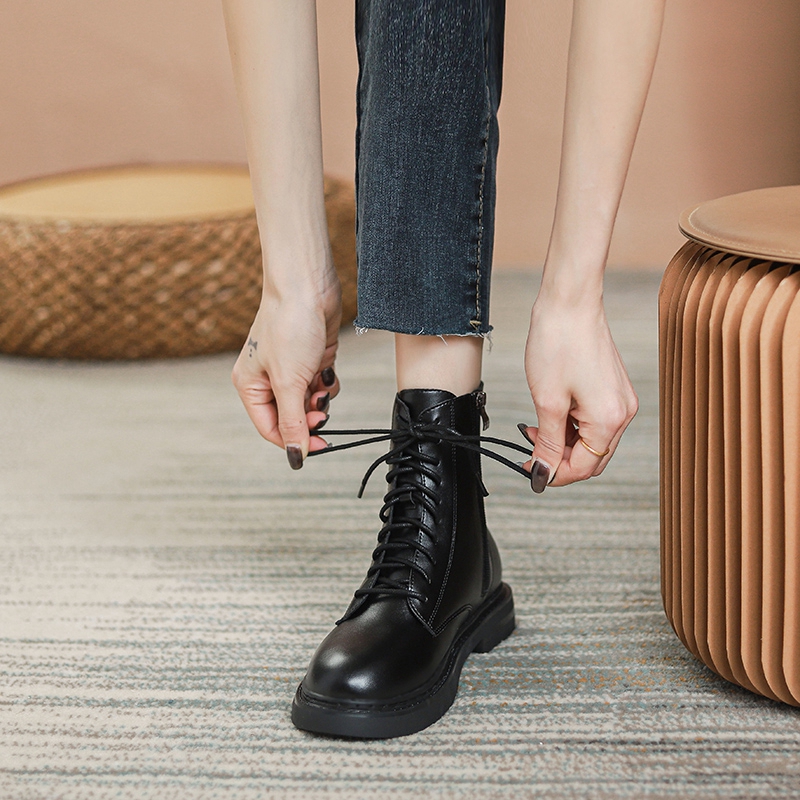 LITTLE KERWIN LEATHER MARTIN BOOTS BRITISH STYLE 2024 NEW AUTUMN WINTER PILE BOOTS PLATFORM BOOTIES