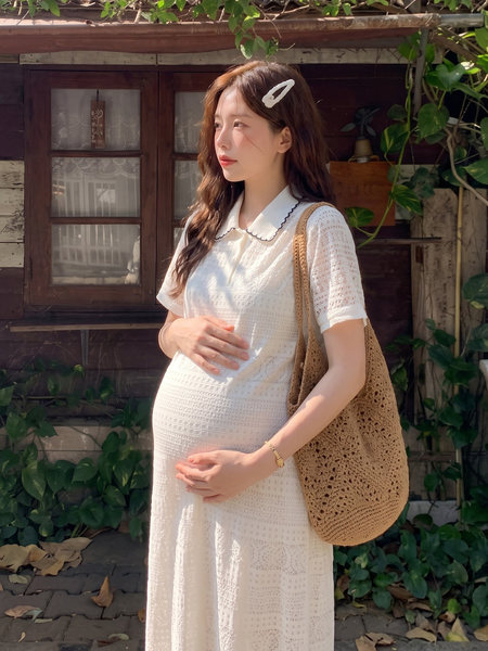 孕妇装女夏连衣裙2026新款法式宽松遮肚花边polo领长裙夏季孕妇裙 — 3