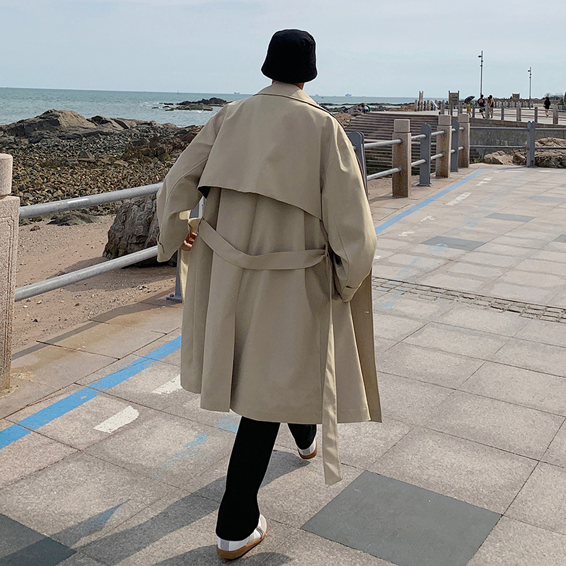 TRENCH BLACK BRITISH TRENCH COAT MENS AUTUMN AND WINTER MID-LENGTH CIVIL SERVANT COAT KOREAN STYLE TRENDY RUFFIAN HANDSOME CAPE