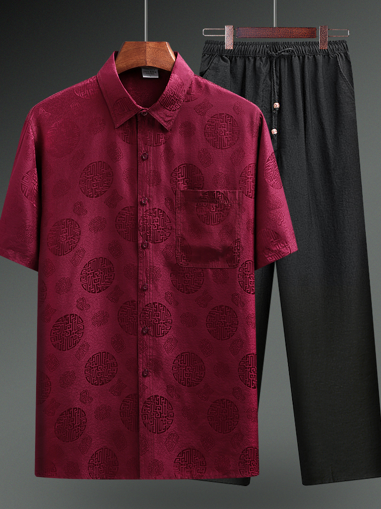 MULBERRY SILK TANG COSTUME MALE SILK MIDDLE-AGED AND ELDERLY SUMMER CLOTHES GRANDFATHER OLD MAN BIRTHDAY CLOTHES DAD SHORT-SLEEVED SHIRT