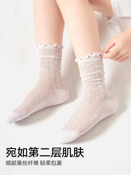 女童袜子夏季薄款桑蚕丝网眼袜儿童透气堆堆袜女孩花边公主中筒袜 — 4