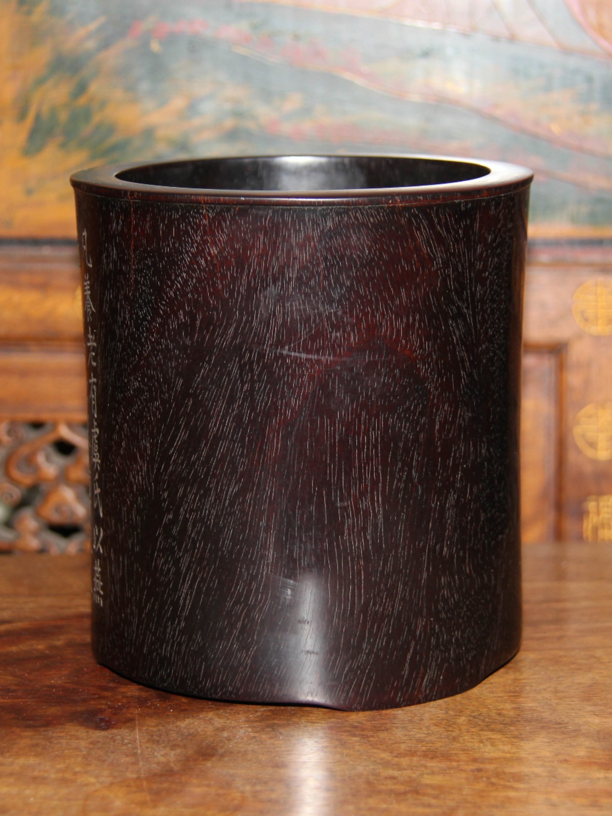 골동품 컬렉션 기타 문구류 청나라 붉은 백단이 새겨진 둥근 펜 홀더