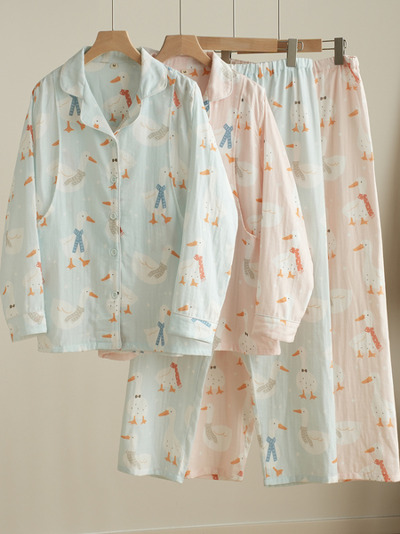女士双层纱布纯棉月子服 哺乳睡衣 孕期产后宽松家居服套装春秋款