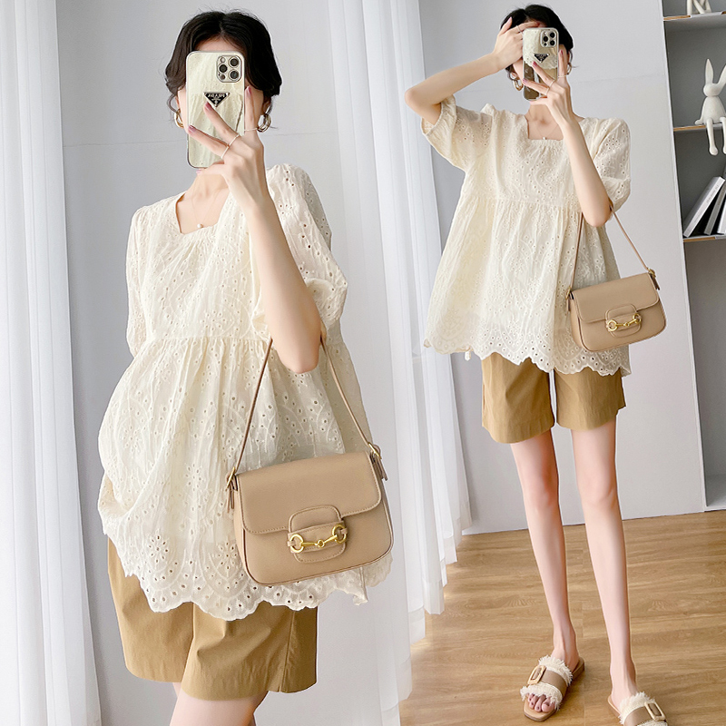 SUMMER MATERNITY SUIT 2025 FASHION APRICOT CUT-OUT LACE SHIRT LOOSE HEM TOP AND KHAKI TUMMY PANTS