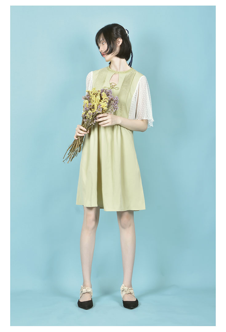 [OSMANTHUS BEAN ORIGINAL] CUIYING RETRO HOLLOW GAUZE SLEEVE FAIRY NATIONAL STYLE SUMMER DRESS AVOCADO GREEN