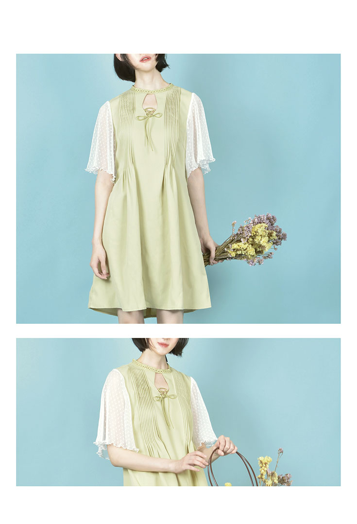 [OSMANTHUS BEAN ORIGINAL] CUIYING RETRO HOLLOW GAUZE SLEEVE FAIRY NATIONAL STYLE SUMMER DRESS AVOCADO GREEN