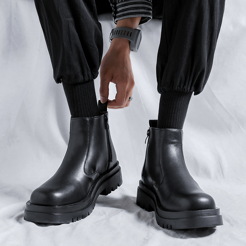 CHELSEA BOOTS MENS LOW-TOP WINTER VERSATILE KOREAN LEATHER ZIPPER BIKE BRITISH STYLE CHIMNEY BOOTS MARTIN BOOTS TRENDY SHOES