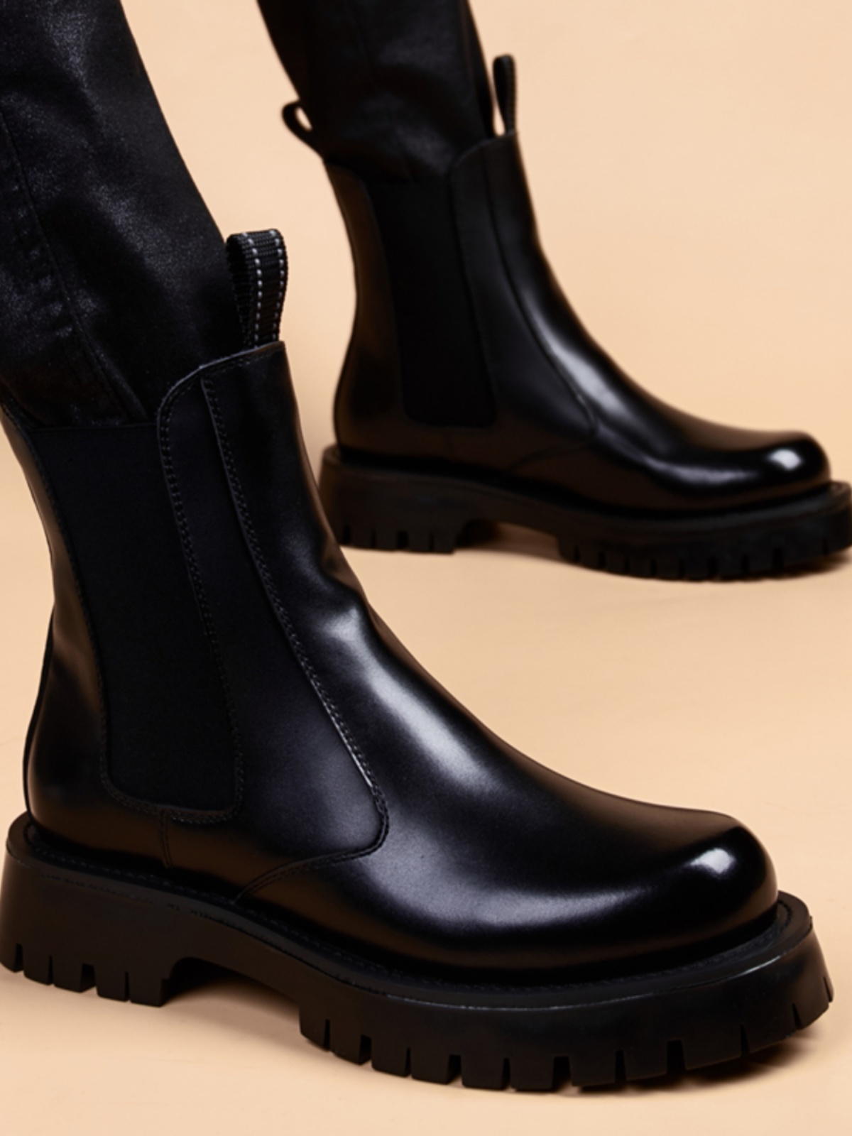 CHELSEA BOOTS MENS LEATHER HIGH-TOP LEATHER SHOES ZHONGBANG MARTIN BOOTS MENS PLUS VELVET INNER HEIGHTENING MOTORCYCLE BLACK LEATHER BOOTS