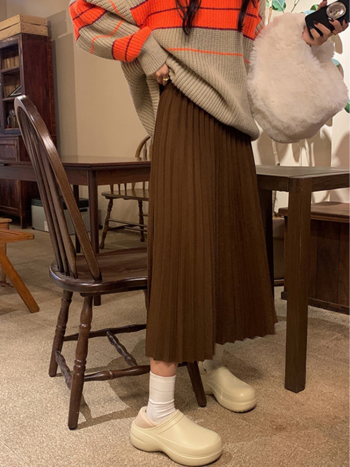 출산 가을 겨울 모직 스커트 여성 중간 길이 A 라인 스커트 브라운 플리츠 스커트 가을 배꼽 지원 원스텝 스커트