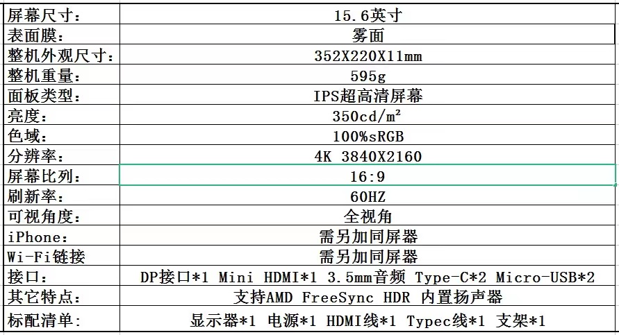 15.6인치 4K 휴대용 모니터 외부 확장 화면 컴퓨터 고화질 보조 화면 4K 단선 디스플레이