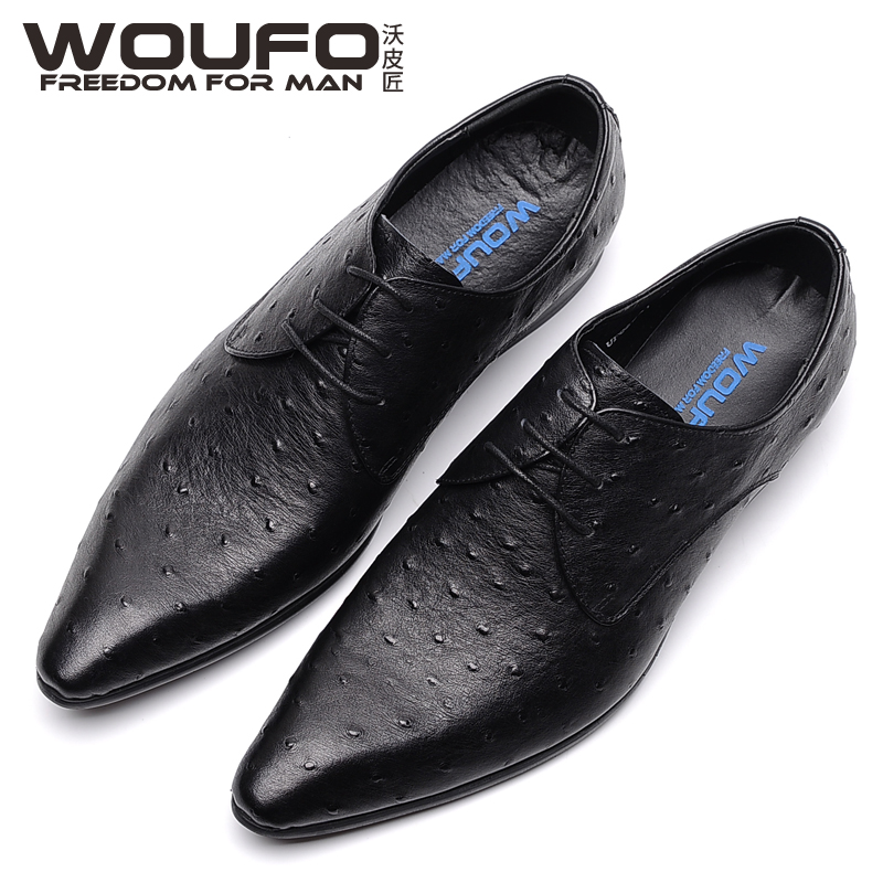 BLUE OSTRICH PATTERN LEATHER SHOES MENS KOREAN VERSION POINTED TOE LEATHER FASHIONABLE CASUAL LEATHER SHOES COWHIDE TRENDY SHOES SINGLE SHOES BREATHABLE