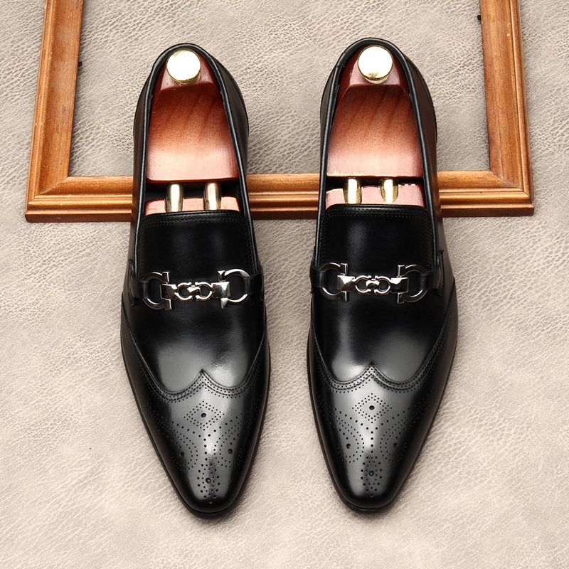 HORSEBIT NEW BROGUE CARVED LEATHER SHOES POINTED-TOE SLIP-ONS MENS BRITISH BUSINESS FORMAL WEAR TREND DERBY SHOES