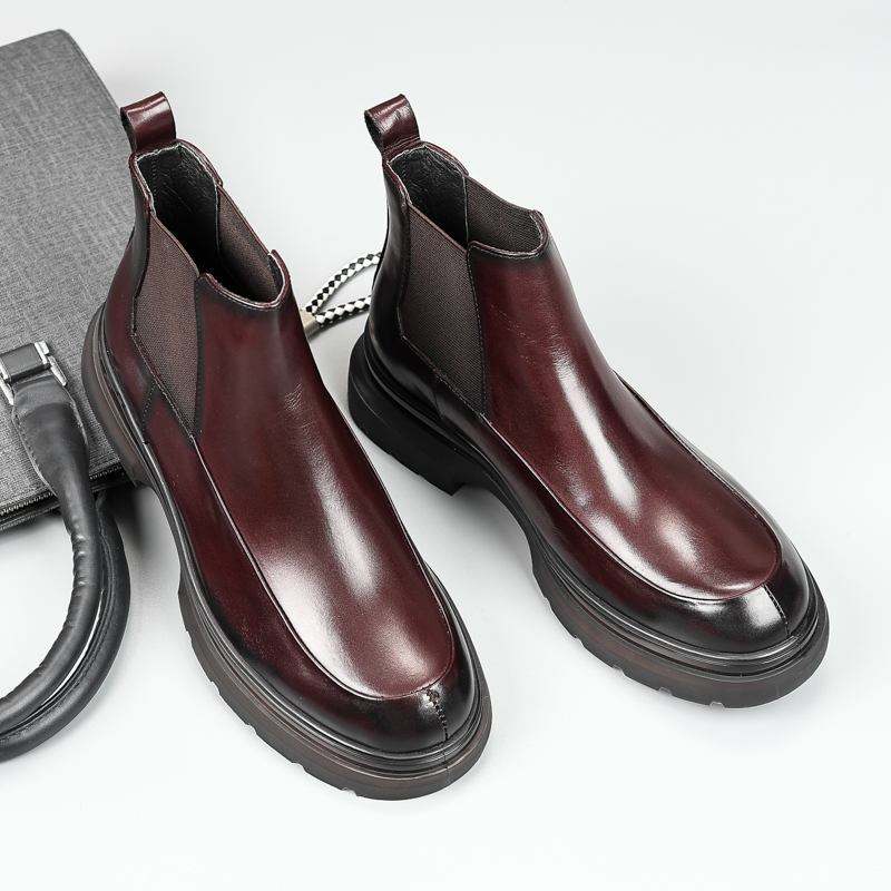 NON-SLIP AND WEAR-RESISTANT PLATFORM SOLED CHELSEA BOOTS MENS TOP COWHIDE MENS HIGH-TOP BRITISH ROUND TOE BOOTIE SLEEVE BUSINESS MENS BOOTS