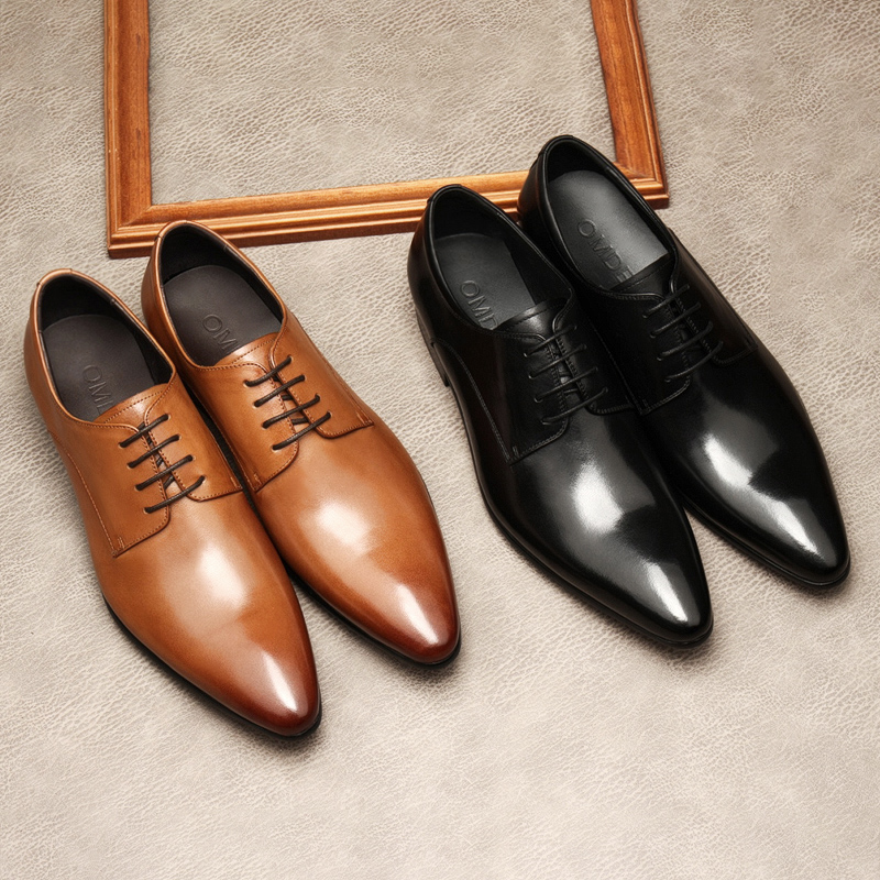 PLAIN ENGLISH LEATHER SHOES MENS SPRING NEW LEATHER MENS BUSINESS FORMAL WEAR LACE-UP MENS SHOES POINTED-TOE TRENDY SHOES MEN