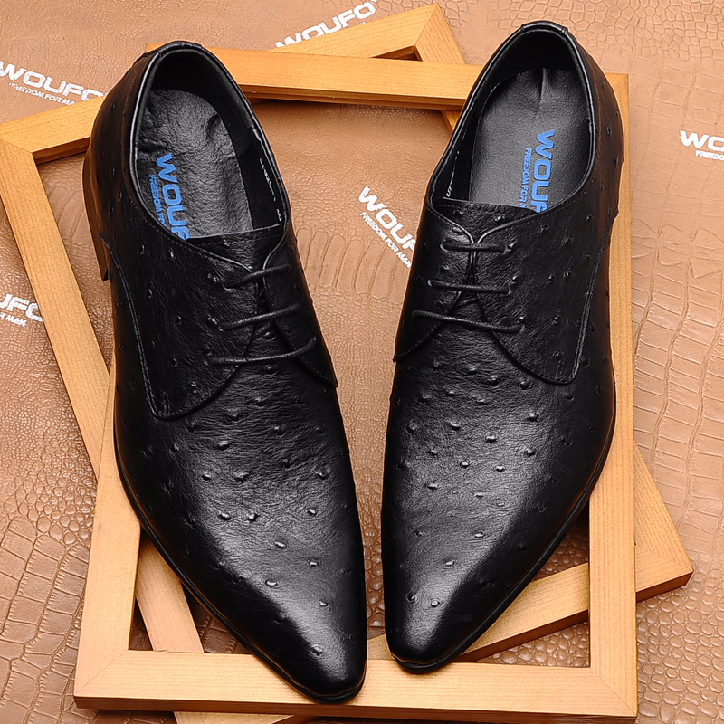 BLUE OSTRICH PATTERN LEATHER SHOES MENS KOREAN VERSION POINTED TOE LEATHER FASHIONABLE CASUAL LEATHER SHOES COWHIDE TRENDY SHOES SINGLE SHOES BREATHABLE