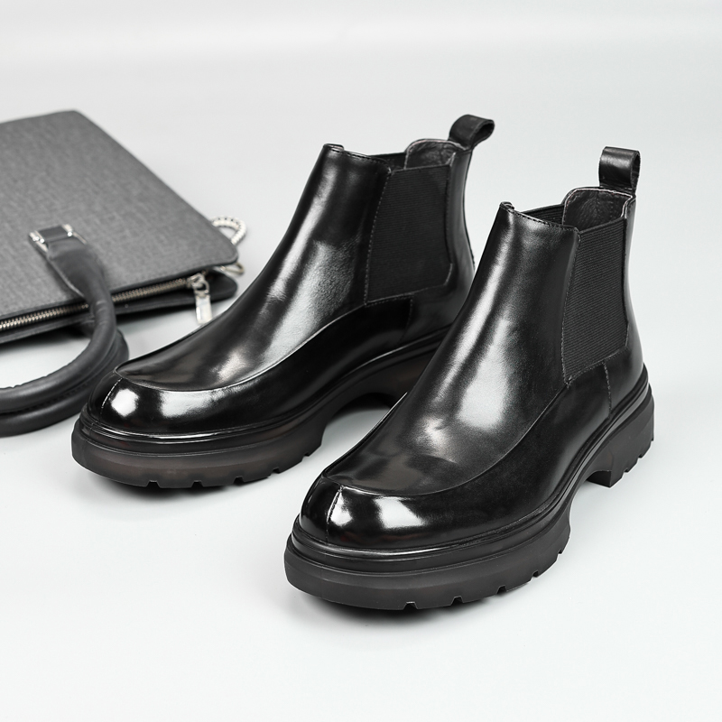 NON-SLIP AND WEAR-RESISTANT PLATFORM SOLED CHELSEA BOOTS MENS TOP COWHIDE MENS HIGH-TOP BRITISH ROUND TOE BOOTIE SLEEVE BUSINESS MENS BOOTS