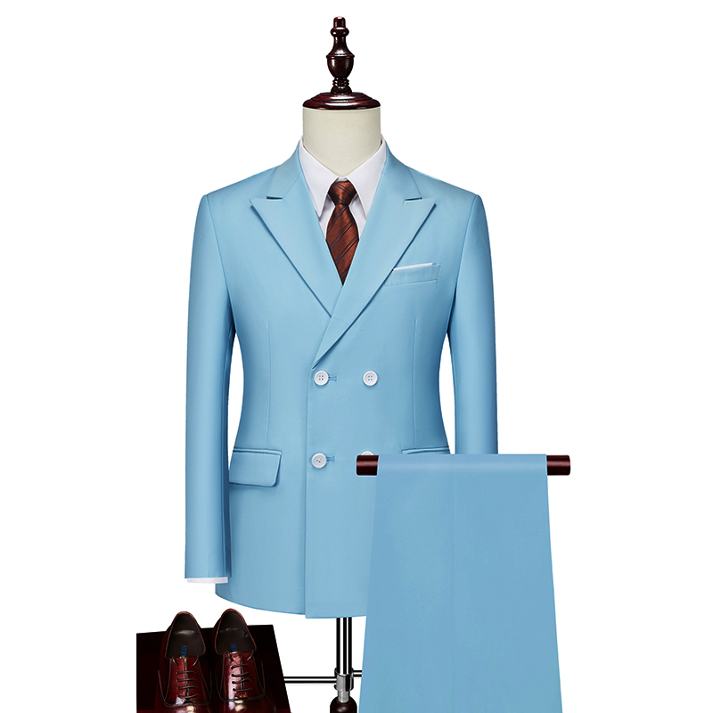MENS BUSINESS CASUAL SUIT DOUBLE BREASTED SUIT SOLID COLOR SKY BLUE XZ103-288 SUIT - P135