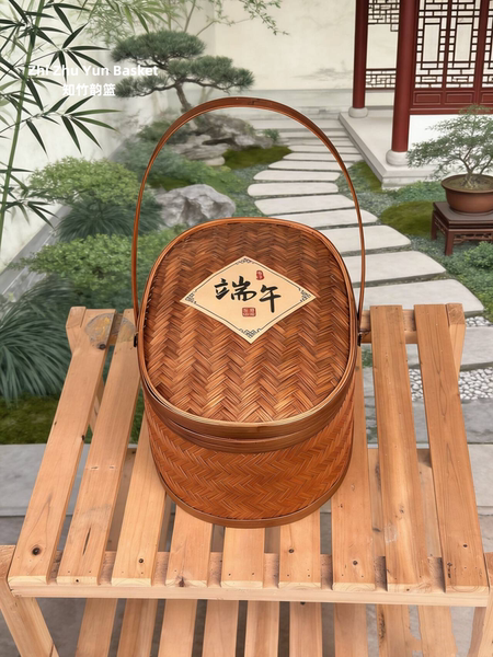 复古竹编手提篮椭圆形收纳篮编织工艺品家居端午粽子包装手提篮