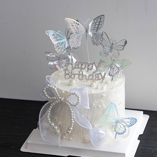 仙女蛋糕装饰珍珠蝴蝶结摆件钻石HB插件女神生日快乐幻彩蝴蝶装扮