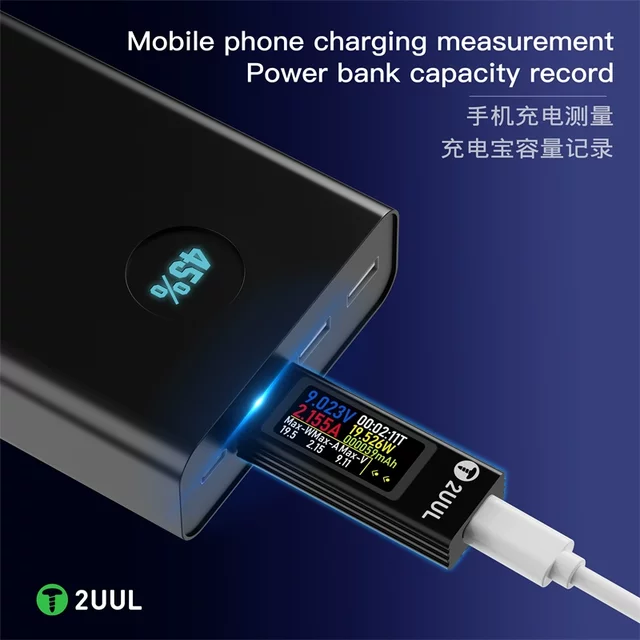 2UUL迷你充电检测仪电压电流表PD快充检测仪双向测量检测30V12A