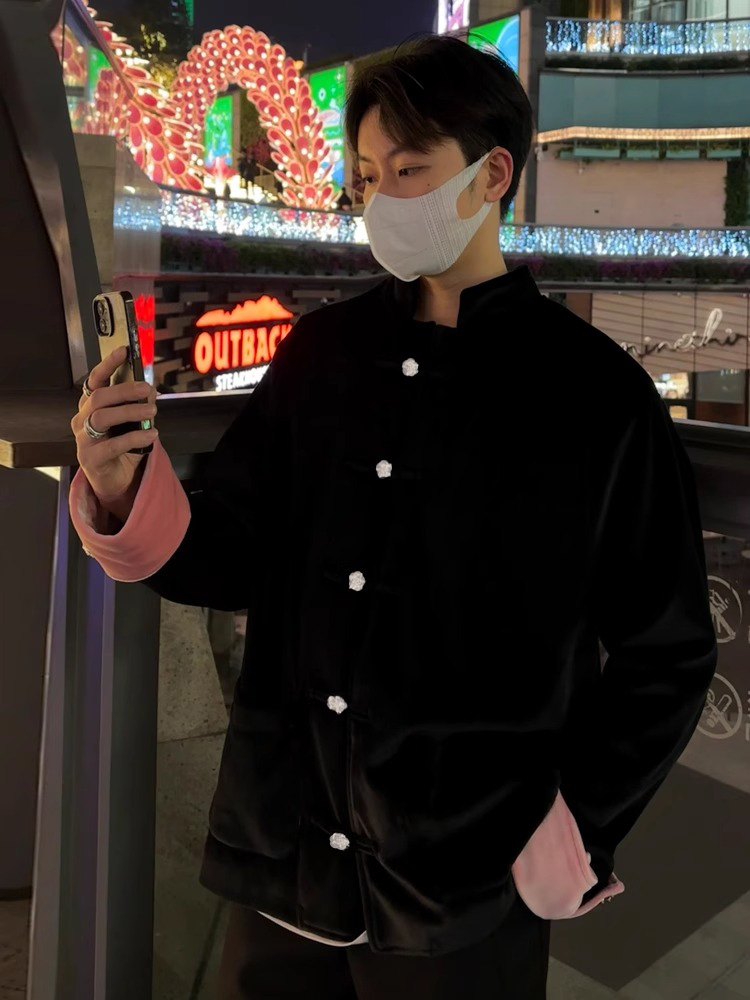 새로운 중국 스타일 국가 동향 디자인 난초 실버 버튼 재킷 남자 가을 느슨한 검은 팬 벨벳 당나라 정장 커플 재킷