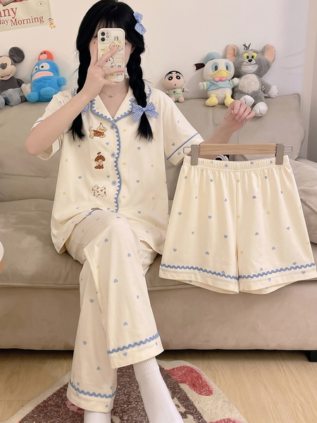 2026夏季新款女孩睡衣纯棉短袖大童卡通小狗三件套学生空调家居服