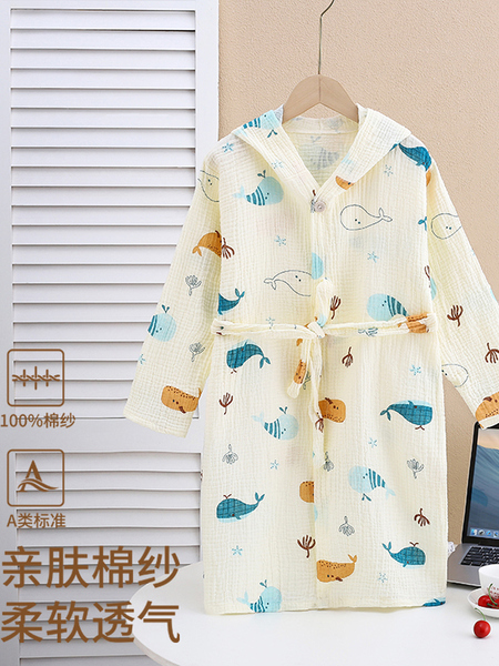100%棉纱卡通恐龙儿童浴袍浴巾速干可裹柔软透气系带家居服睡衣