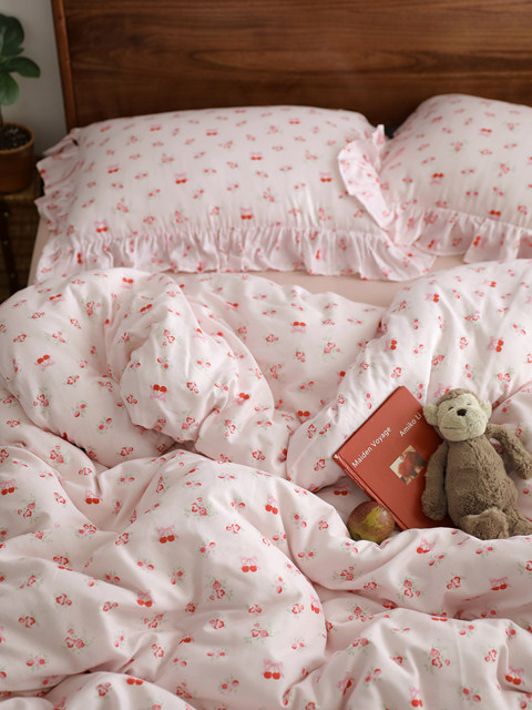 Momo | Foundation cherry pure cotton double layer gauze Korean style four-piece set bedding sheets bed covers
