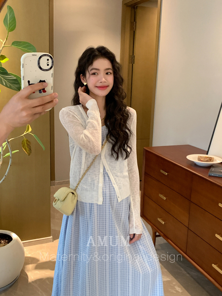 AMUM孕妇装◆古董少女~清新蓝格少女感长款圆领无袖背心连衣裙夏