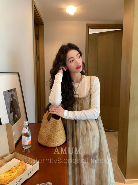 ◆AMUM孕妇装◆孕妈穿搭~不显怀复古压褶洋气夏装宽松吊带连衣裙