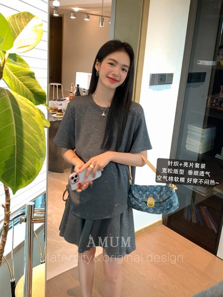 ◆AMUM孕妇装◆夏日娇宠~上衣休闲慵懒大T恤+A字高腰裙裤两件套装