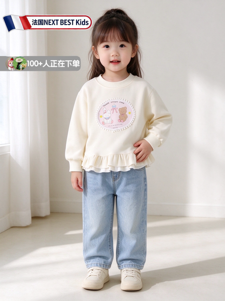 白色卫衣女童2026秋冬季新款女孩子卡通圆领上衣儿童时尚百搭长袖