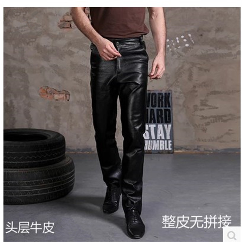HAINING  첫 번째 레이어 소 가죽 바지 남성 슬림 바지 청바지 플러스 벨벳 두꺼운 남성용 느슨한 염소 가죽 바지