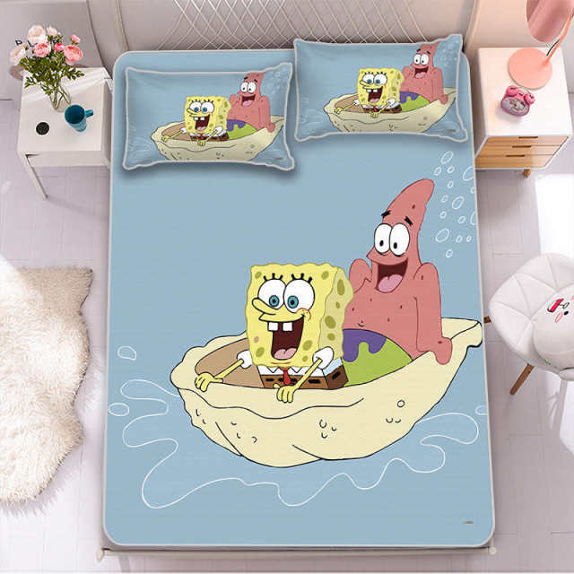 SpongeBob Summer Ice Silk Cool Mat Three-Piece Set Bedroom Children's Bed Sheet Soft Mat Student Dormitory Machine Washable Cube