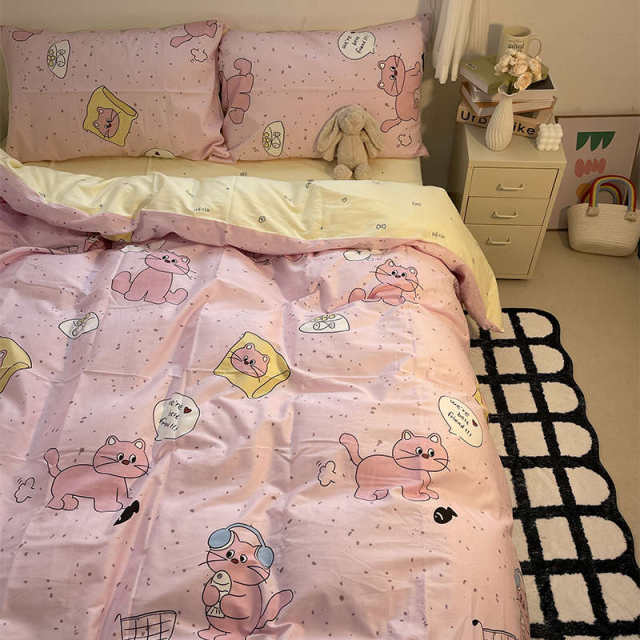 Cute fish cat pure cotton four-piece set of cotton girl heart cartoon quilt cover bed sheet dormitory three-piece set of bedding