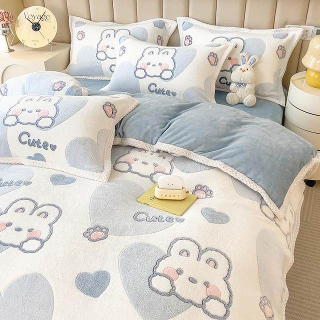 Children's bed sheets, four-piece set, autumn and winter milk velvet coral velvet three-piece set, plush cartoon quilt cover, double-sided plush bedding