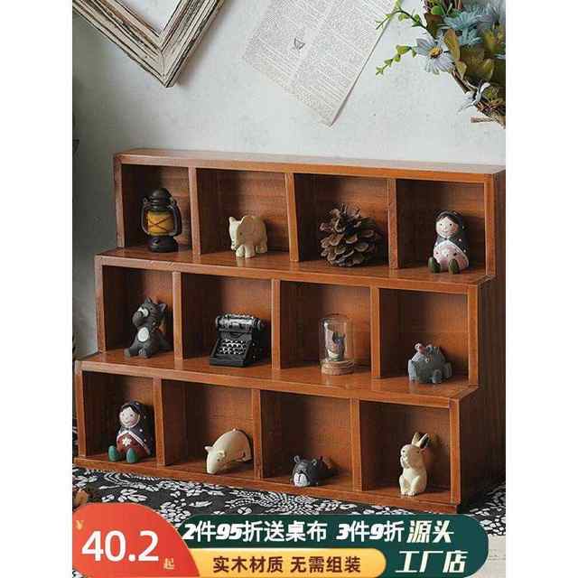 Multi-grid partition storage box wall-mounted antique shelf cultural ornaments display rack wooden retro zakka cabinet ladder shape